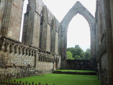 Abbey Ruins Yorkshire - trees, abbey sones, green grass, sky