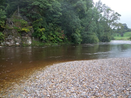 Bend In the river - river, trees, rocks, sky, river stones