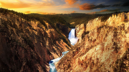 Waterfall - clouds, fields, mountain range, forest, skies, river, nature, waterfall, canyon