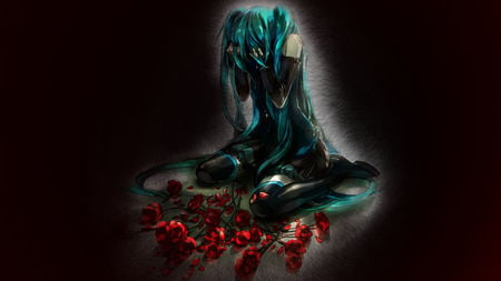 Miku Darkness Encroaching - cg, roses, fantasy, anime, girl, crying, dark