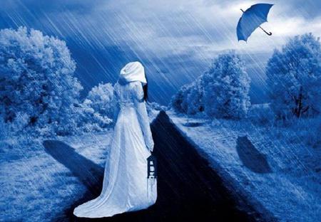 Cold Blue Day - woman, sleet, cold, lonely, rain, waiting, road