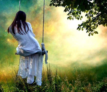 Girl On A Swing - swing, girl, sunshine, meadow, tree