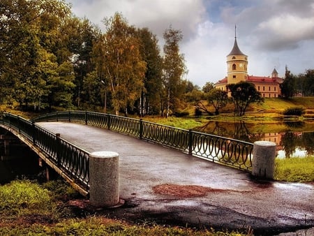 Autumn - autumn, sky, trees, peaceful, water, view, reflection, clouds, castle, architecture, grass, bridge, lake, nature, beautiful, leaves, colors