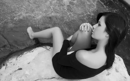 Beauty - waiting, pretty, lonely, female, she, legs, sad, loneliness, face, black and white, beauty, hair, hands, model, dreamer, people, beach, eyes, alone, long hair, dark, grayskale, pose, water, beautiful, photography, rock, girl, lovely, sweet, black, woman, waves