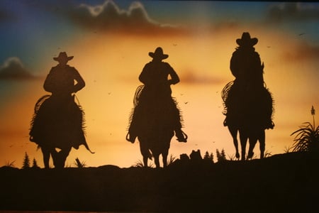 I Saw Them Coming - sunset, horses, dusk, riding, cowboys