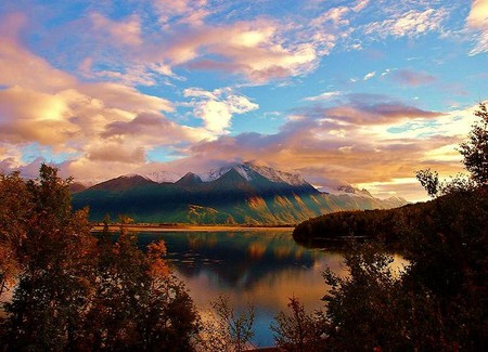 Dawn's delight - clouds, trees, blue, shoreline, beauty, lake, mountains, peaceful, sky