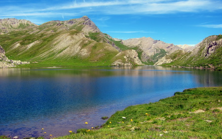 Lago Secco - sky, lake, water, nature, clouds, blue, green, sunny, grass