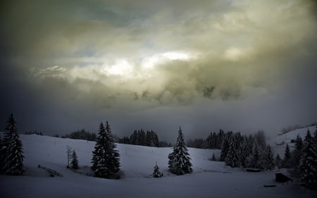 Winter - clouds, shrouded, beautiful, snow, serene, valley, farms, pines, nature, overcast, mountains, bridge