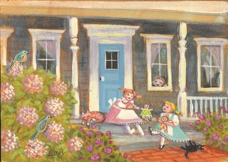 Girlfriend's Playing With There Dollies - dolls, girls, porch, dresses, flowers