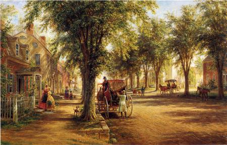 Quaintville - carriage, trees, people, town, road, houses, country