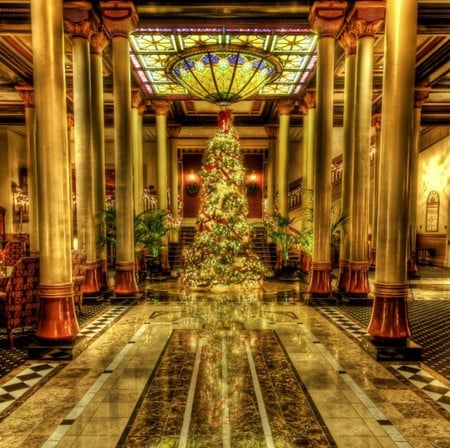 The Driskill Hotel Austin Texas - christmas, entrance, hotel, golden, tree