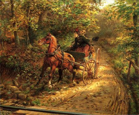 A Moment Of Peril - woman, horse, wagon, man, startled, road, country