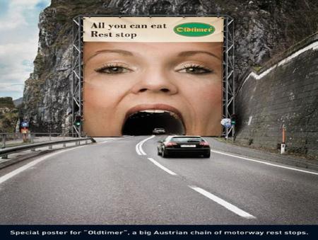 Imaginative add - highway, cars, advertiisement, oldtimer rest stop, womans mouth, tunnel