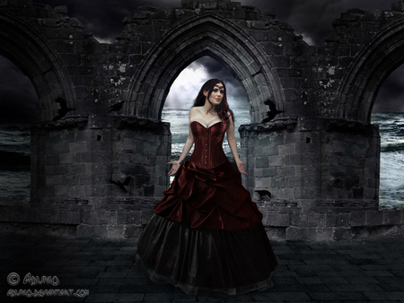 Scarlett - woman, beautiful, dress, castle, scarlet