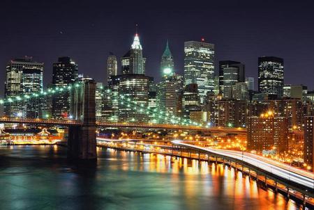 Manhatten night - manhatten, water, buildings, dark sky, america, city, sky scrapers, bridge, lights