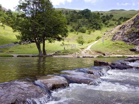 the river - trees, hills, water, grass, sky