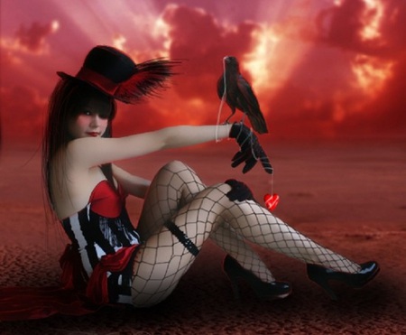 Showgirl Sunset - girl, fantasy, sunset, raven