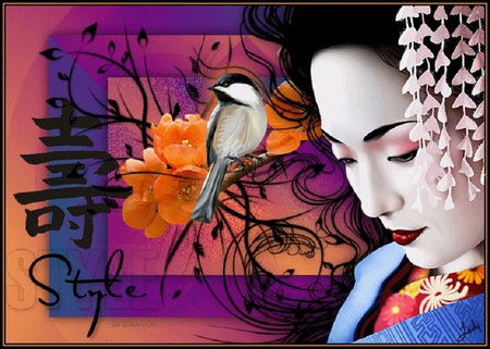 Oriental Thought - bird, girl, oriental, flower