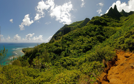 Hiking the Na Pali - lush, sky, ocean, mountains, nature, trail, beautiful, clouds, blue, vegetation