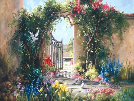 Patio Garden - flowers, branches, gate, vines, garden, bench, doves, wall