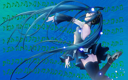 Hatsune Miku - pretty, singing, anime, vocaloid, blue, twintail, hatsune miku, song notes, microphone, headphones, blue hair, notes, beautiful, thighhighs, beauty, cool, miku, awesome, green, cute, hatsune, headset, sexy, vocaloids