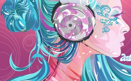 Girl With Headphones - vector, girl, headphones, profile, hair, bun, lashes