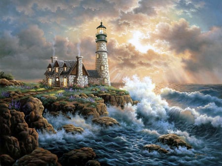 house and light - lighthouse, waves, sea, rocks, sky