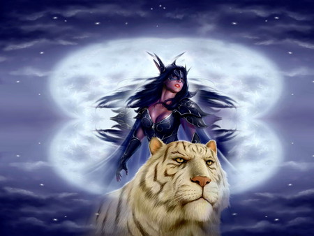 Tiger Rider - woman, masked, tiger, fantasy, rider, hunter