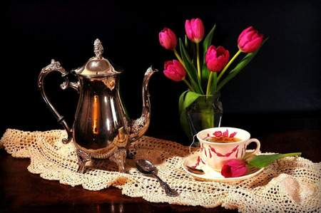 Dainty - spoon, silver teapot, tulips, saucer, still life, vase, teacup, table, flowers, lace tablescarf