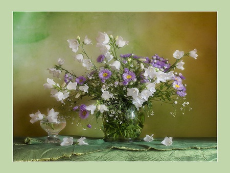 Delicate - silk, glass, still life, vase, white, beautiful, petals, green, table, flowers