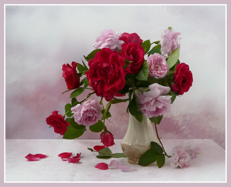 still life - nice, roses, photography, bouquet, rose, still life, vase, cool, pink, red, beautiful, flowers, photo, flower, harmony