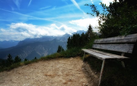 Beautiful View - sky, trees, landscape, peaceful, bench, mountains, nature, view, beautiful, clouds, grass