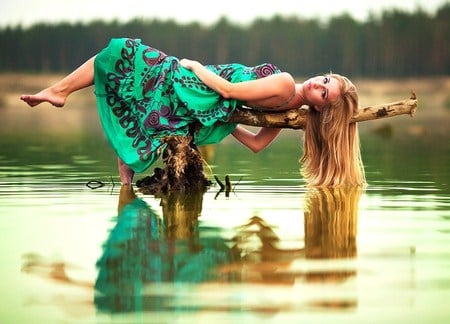 Suspension - reflections, lying on wood, green dress, water, woman, beauty, long hair