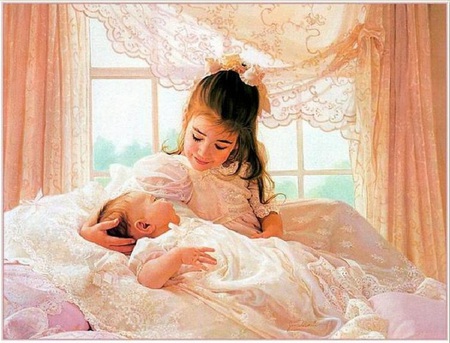 A sister's love - love, innocence, bed, girl, curtain, painting, white, baby, children, window, lace, dress