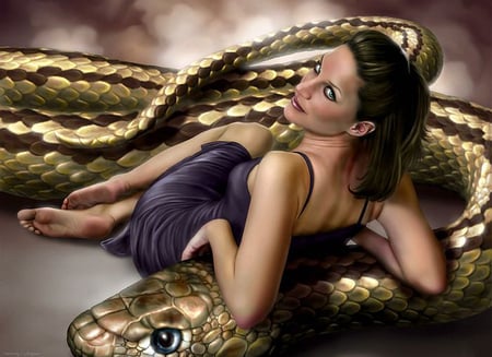 Woman and serpent - woman, serpent, fantasy, beautiful