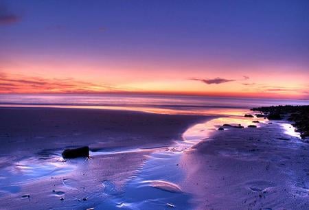 Blue serenity - coral sky, blue, beach, evening, peaceful beauty, ocean, rocks