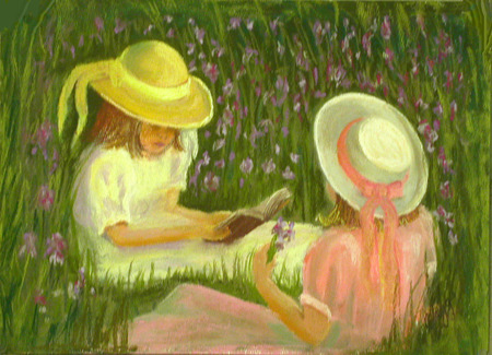 Little Girl - girls, dresses, books, reading, hats