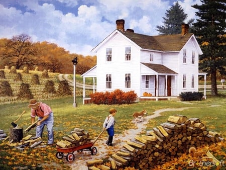 Autumn Firewood - boy, wood, wagon, dog, farm, father