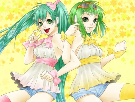 Hatsune Miku & Gumi - pretty, anime, vocaloid, yellow, blue, twintail, hatsune miku, green hair, pink, blue hair, beautiful, thighhighs, beauty, cool, gumi, miku, green, cute, hatsune, vocaloids