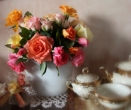 Tea time - tea, flowers, colours, roses