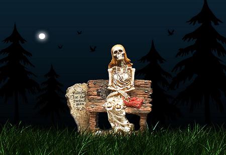 Waiting for the perfect man - hat, sign, woman, purse, skeleton, grass, night