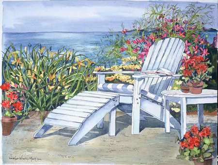 A  Garden's Lazy Boy - flowers, stool, garden, table, sea, chair