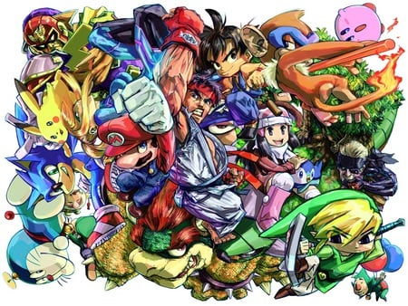 cross over - capcom, kirby, luigi, nintendo, captain falcon, monferno, pokemon, mario, bowser, snake, link, anime, ryu, metal gear solid