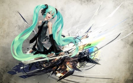 Aqua Eyes Hatsune Miku - anime, blue, girl, chick, hatsune miku, black, manga, gray, woman, aqua eyes