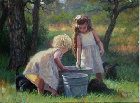 puppy bath - girls, bucket, puppys, tree, tub