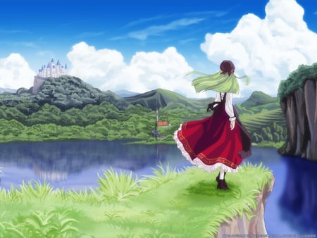 A distant Dream - anime girl, nature, cc, green hair, castle, code geass