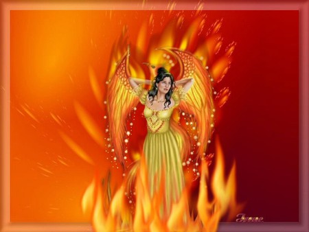 HEATED - female, yellow, fire, angel, orange, heated