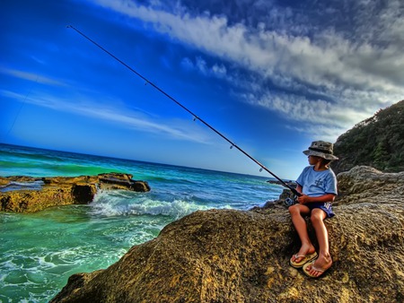 Little Fisherman - fishing, ocean, child, rod, boy, surf, waves, line, rocks