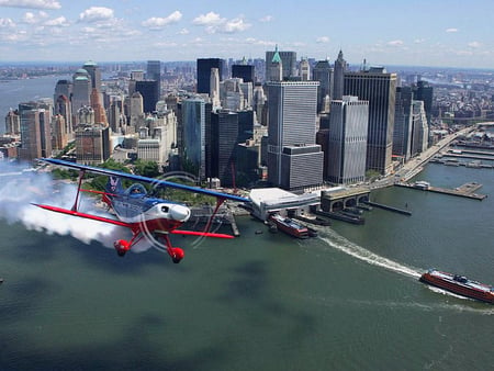 city flyby - sky, airplane, water, city, aircraft, buildings