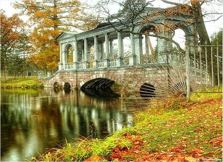 Monument bridge - autumn, covered, trees, pillars, river, leaves, bridge, country